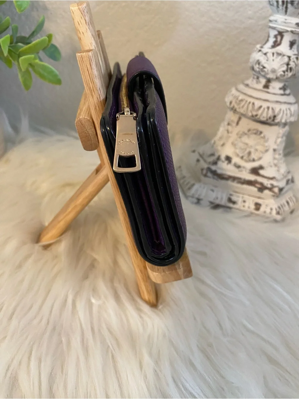 Coach Eggplant Purple Leather Snap-Closure Wallet with Gold Logo
